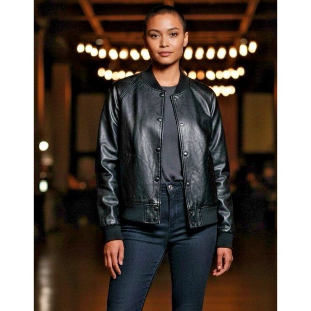 ANGL NEW faux leather lightweight womens raglan sleeve snap jersey jacket Large